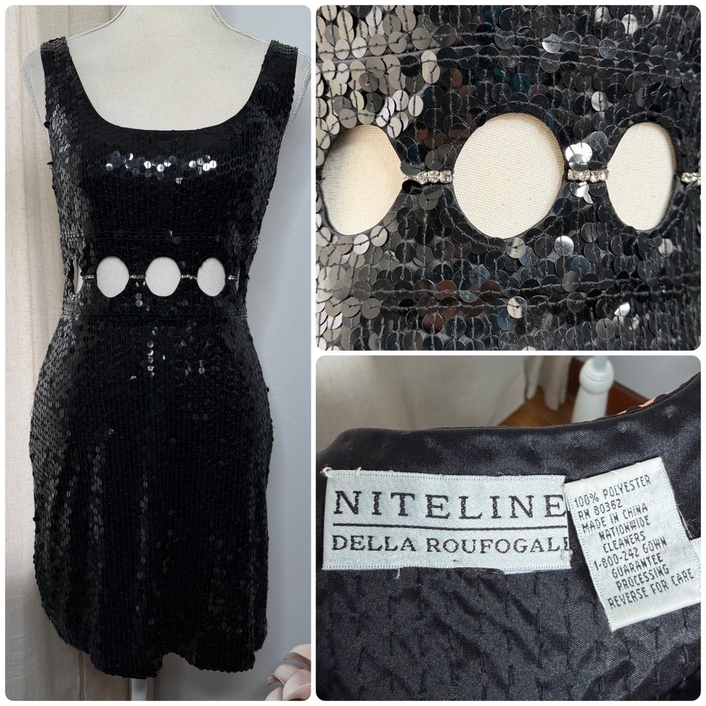 Vintage Niteline Della Roufogali Sequin Cutout Rhinestone‎ Mini Dress Black 4